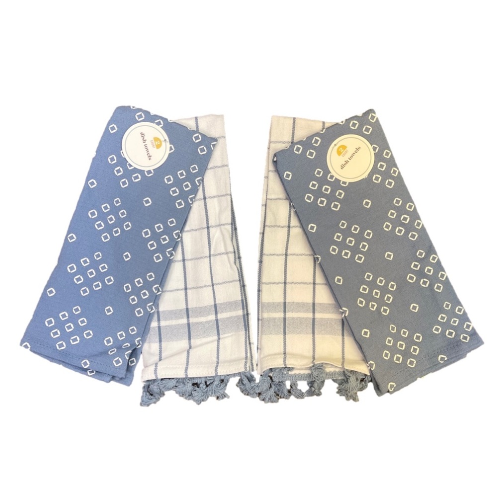 New 4 Count Blue & White Dish Towels 100% Cotton